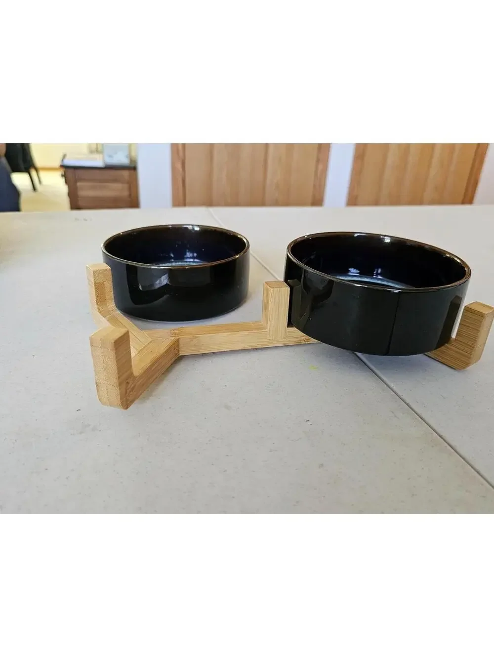 LE TAUCI Dog Bowls Ceramic, Bowl Set with Acacia Wood Stand,